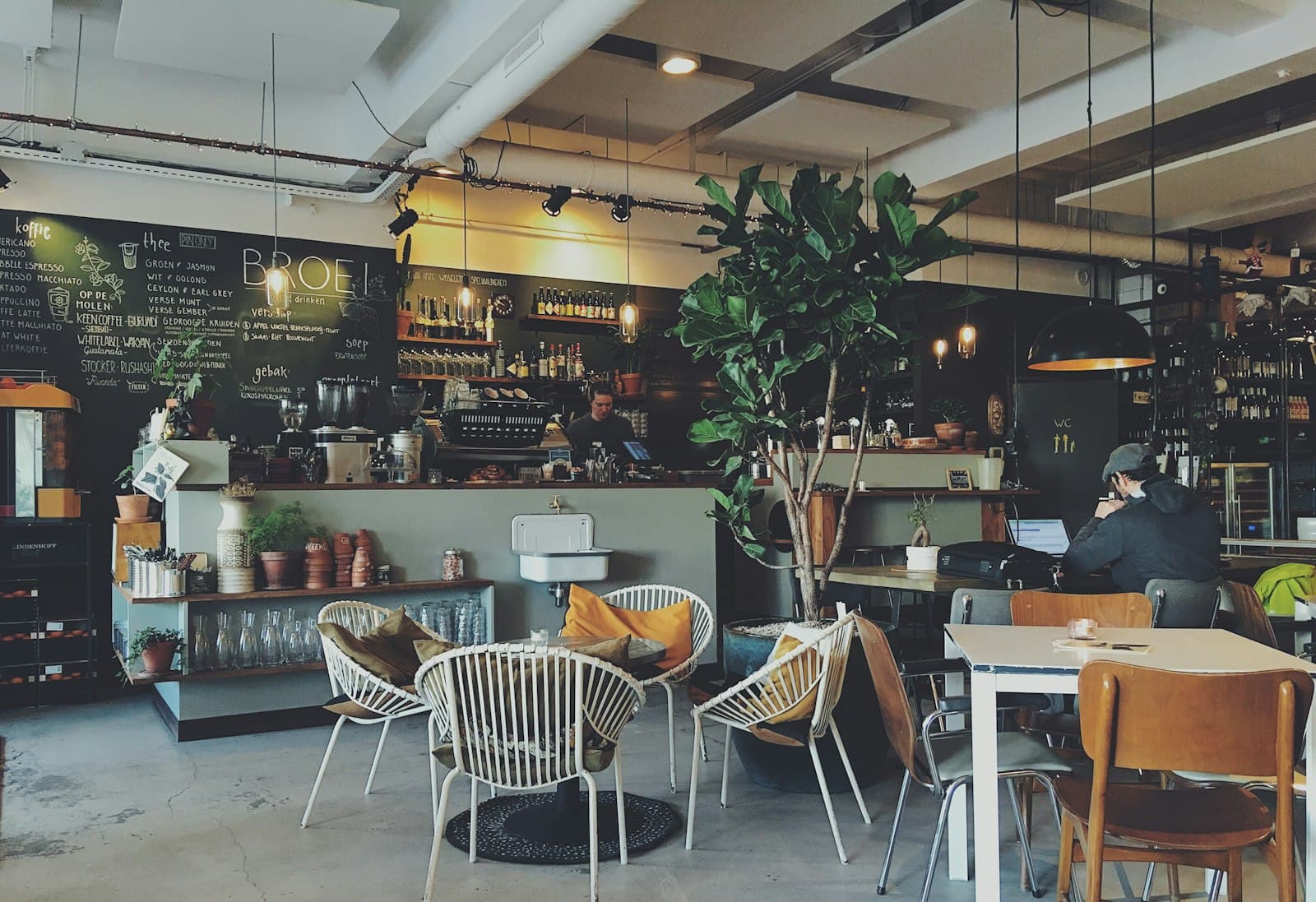 Café en plein service, barista au comptoir sous les suspensions